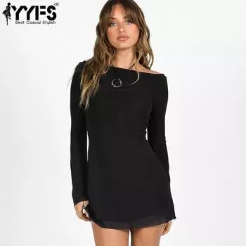 YYFS Женская мода весна осень однотонный принт с длинным рукавом и круглым вырезом с высокой талией повседневные платья S чёрный