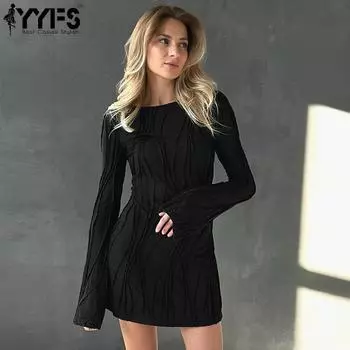 YYFS Женская мода весна осень однотонный принт с длинным рукавом и круглым вырезом с высокой талией повседневные платья S чёрный