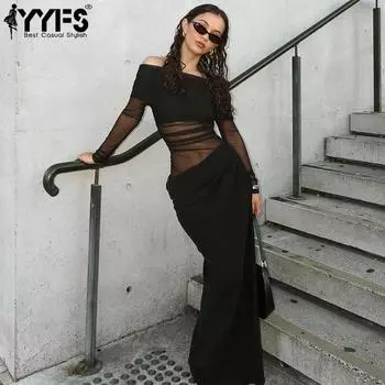 YYFS Женская мода весна осень однотонный принт с длинным рукавом на одно плечо и высокой талией повседневные платья S чёрный