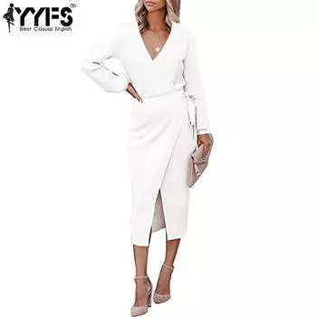 YYFS Женская мода весна осень однотонный принт длинный рукав V-образный вырез высокая талия повседневные платья S белый