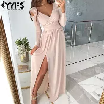 YYFS Женская мода весна осень однотонный принт длинный рукав V-образный вырез высокая талия повседневные платья S розовый