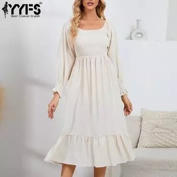 YYFS Женская мода весна-осень однотонный принт длинный рукав квадратный воротник высокая талия повседневные платья S абрикосовый