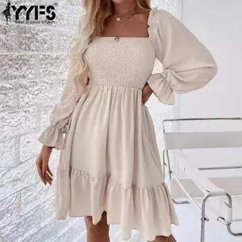 YYFS Женская мода весна-осень однотонный принт длинный рукав квадратный воротник высокая талия повседневные платья S абрикосовый