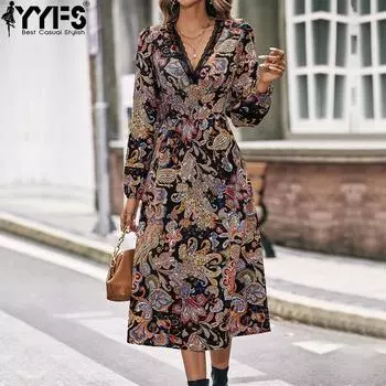 YYFS Женская мода весна осень принт длинный рукав V-образный вырез средняя талия повседневные платья XS чёрный