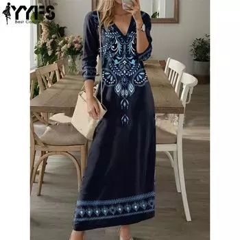 YYFS Женская мода весна осень принт длинный рукав V-образный вырез средняя талия повседневные платья S