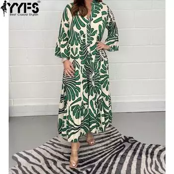 YYFS Женская мода весна осень рукава 3/4 V-образный вырез свободная талия повседневные платья S зелёный