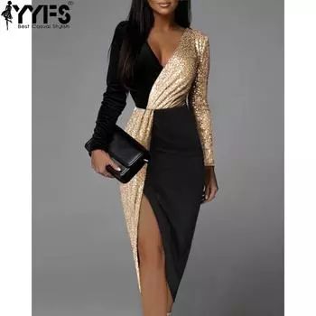 YYFS Женская мода весна осень с длинным рукавом V-образным вырезом и высокой талией повседневные платья S