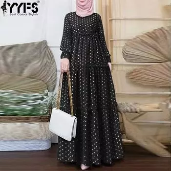 YYFS Женская мода весна-осень с принтом в горошек, с длинным рукавом и круглым вырезом, повседневные платья S жёлтый