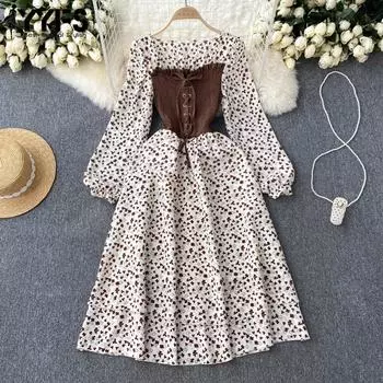 YYFS Женская мода весна-осень с принтом в горошек, с длинным рукавом, круглым вырезом и высокой талией, повседневные платья One size