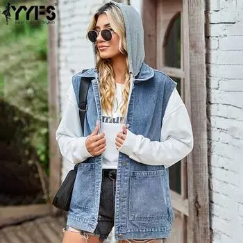 YYFS женская модная джинсовая осенне-зимняя куртка-поло без рукавов с капюшоном и вырезом, повседневная куртка с лацканами S синий
