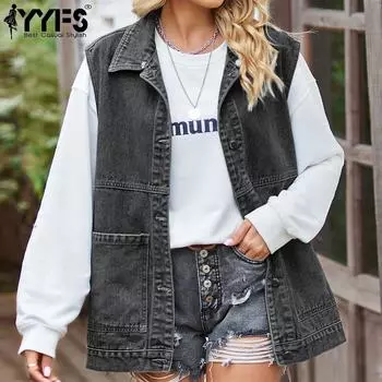 YYFS женская модная джинсовая осенне-зимняя повседневная куртка-поло без рукавов с воротником с лацканами S синий