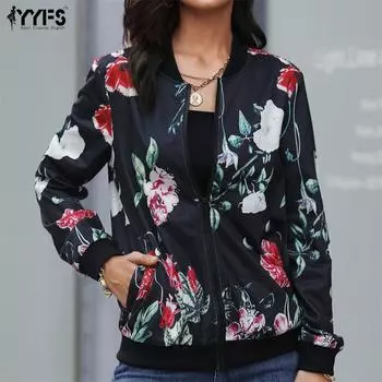 YYFS женская винтажная повседневная куртка на молнии с цветочным принтом и длинными рукавами, круглым вырезом, куртки и пальто S чёрный