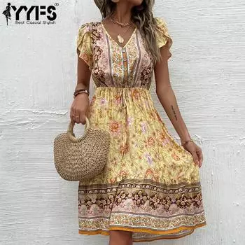 YYFS женские модные богемные летние весенние повседневные платья с цветочным принтом и коротким рукавом с v-образным вырезом и высокой талией S жёлтый