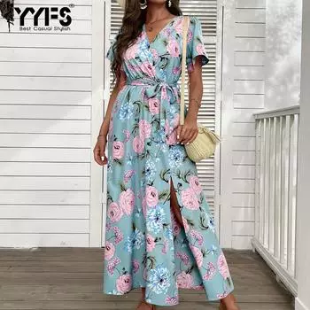 YYFS женские модные богемные летние весенние повседневные платья с коротким рукавом и v-образным вырезом с цветочным принтом S зелёный