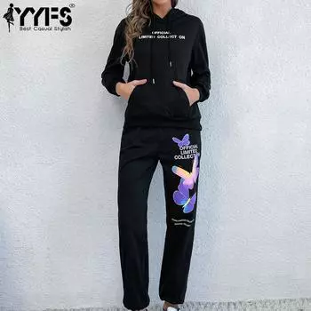 YYFS женские модные брюки с капюшоном и длинными рукавами с буквенным принтом и бабочкой, спортивные костюмы S чёрный