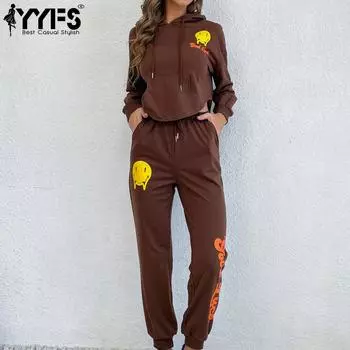 YYFS женские модные брюки с капюшоном и длинными рукавами с мультяшным принтом, спортивные костюмы S коричневый