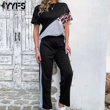 YYFS женские модные брюки с леопардовым принтом и короткими рукавами и круглым вырезом, спортивные костюмы S чёрный