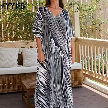 YYFS женские модные каникулы лето весна черно-белые косые линии с рукавами 1/2 и v-образным вырезом повседневные платья One Size чёрный/белый