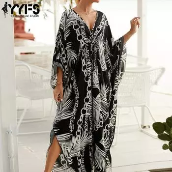YYFS женские модные каникулы лето весна черно-белые повседневные платья с длинными рукавами и v-образным вырезом с принтом листьев One Size чёрный