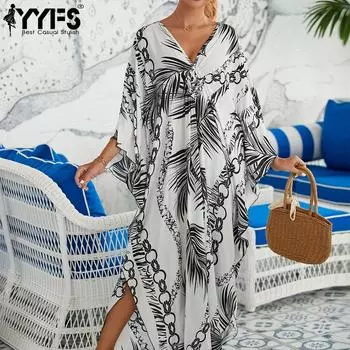 YYFS женские модные каникулы лето весна черно-белые повседневные платья с длинным рукавом и v-образным вырезом с цепочкой и принтом One Size чёрный/белый
