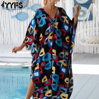 YYFS женские модные каникулы лето весна многоцветный принт с длинным рукавом и v-образным вырезом повседневные платья One Size разноцветный