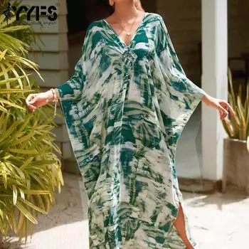 YYFS женские модные каникулы, лето, весна, зеленые и желтые повседневные платья с длинными рукавами и v-образным вырезом с принтом листьев One Size зелёный