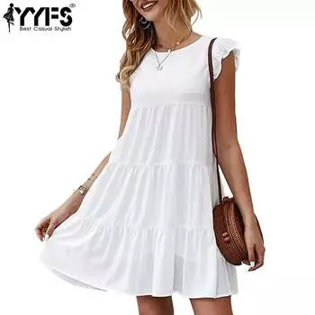 YYFS женские модные летние и весенние однотонные повседневные платья с короткими рукавами и круглым вырезом со свободной талией S белый