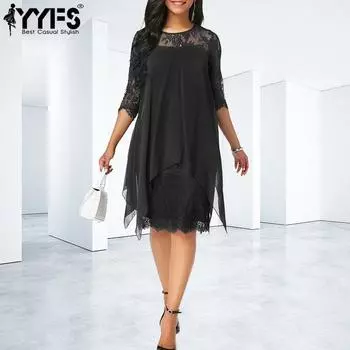 YYFS женские модные летние и весенние однотонные повседневные платья с кружевным принтом и рукавами 3/4 и круглым вырезом S бордовый