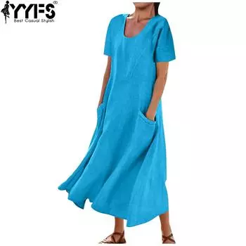 YYFS женские модные летние и весенние однотонные повседневные платья с короткими рукавами и круглым вырезом со свободной талией S чёрный