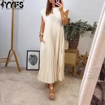 YYFS женские модные летние и весенние однотонные повседневные платья с короткими рукавами и круглым вырезом со свободной талией S бежевый