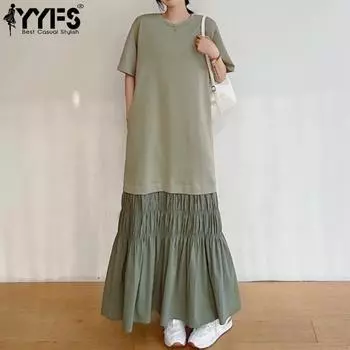 YYFS женские модные летние и весенние однотонные повседневные платья с короткими рукавами и круглым вырезом со свободной талией L