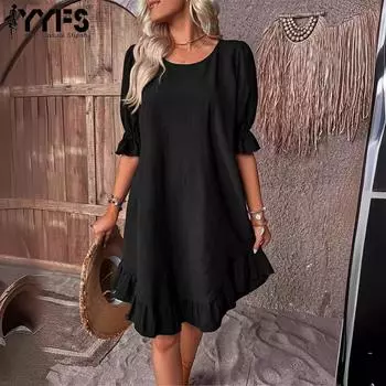 YYFS женские модные летние и весенние однотонные повседневные платья с короткими рукавами и круглым вырезом со свободной талией S чёрный
