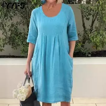 YYFS женские модные летние и весенние однотонные повседневные платья с короткими рукавами и круглым вырезом со свободной талией S небесно-голубой