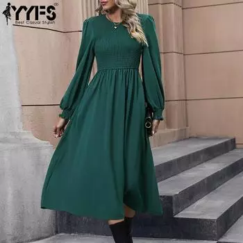YYFS женские модные летние однотонные повседневные платья с длинным рукавом и круглым вырезом с принтом S зелёный