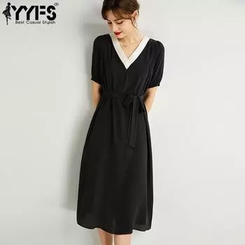 YYFS женские модные летние однотонные повседневные платья с короткими рукавами и v-образным вырезом с принтом S чёрный