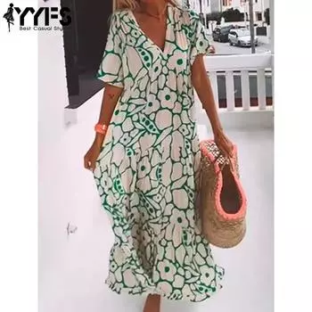 YYFS женские модные летние повседневные платья с цветочным узором и коротким рукавом с v-образным вырезом