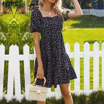 YYFS Женские модные летние повседневные платья с цветочным принтом и короткими рукавами S чёрный