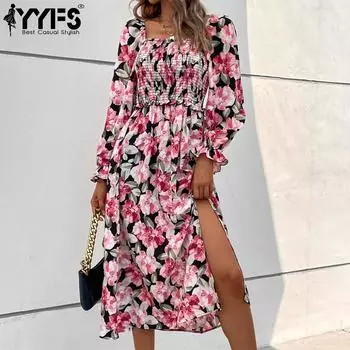 YYFS женские модные летние повседневные платья с цветочным узором и длинным рукавом с квадратным воротником XS розовый