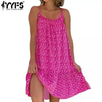 YYFS женские модные летние повседневные платья с цветочным узором без рукавов и U-образным вырезом с высокой талией S красный