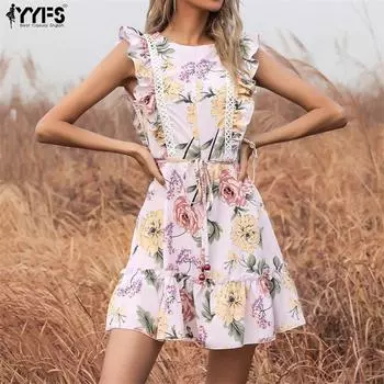 YYFS женские модные летние повседневные платья с цветочным принтом и коротким рукавом с круглым вырезом XL фиолетовый
