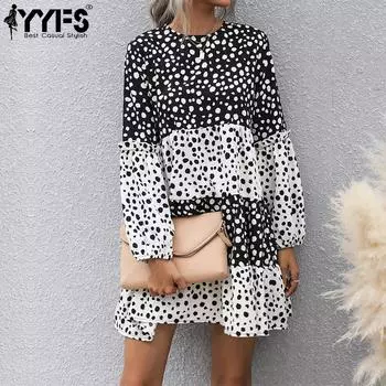 YYFS женские модные летние повседневные платья с длинным рукавом и круглым вырезом в горошек S чёрный/белый