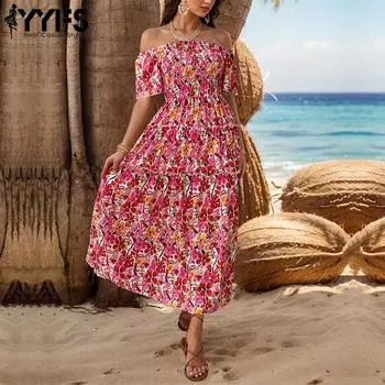 YYFS женские модные летние повседневные платья с цветочным узором и коротким рукавом на одно плечо и средней талией S красный