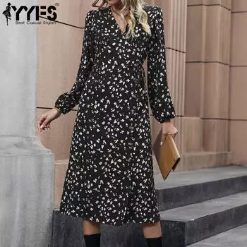 YYFS женские модные летние повседневные платья с цветочным узором и длинным рукавом с v-образным вырезом S чёрный