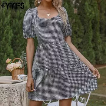 YYFS женские модные летние повседневные платья с v-образным вырезом и коротким рукавом с принтом «гусиные лапки» S чёрный