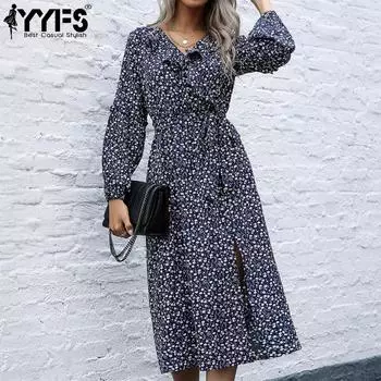 YYFS женские модные летние повседневные платья с цветочным узором и длинными рукавами и v-образным вырезом и высокой талией S темно-синий