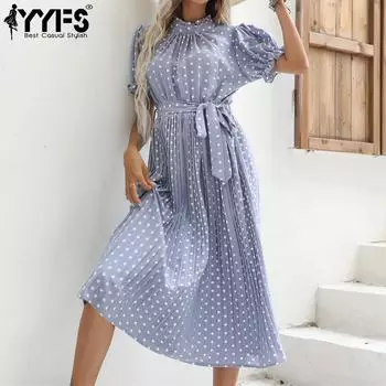 YYFS Женские модные летние повседневные платья в горошек с короткими рукавами и круглым вырезом S красный