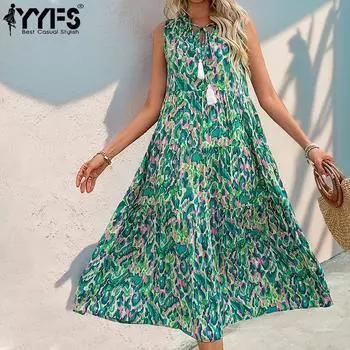 YYFS женские модные летние весенние богемные повседневные платья без рукавов с v-образным вырезом и средней талией M зелёный