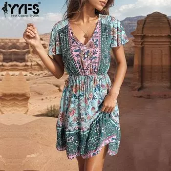 YYFS женские модные летние весенние богемные повседневные платья с цветочным узором и коротким рукавом с v-образным вырезом и средней талией S зелёный