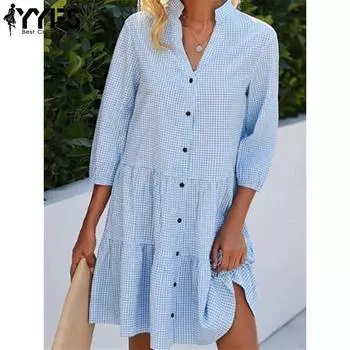 YYFS женские модные летние весенние клетчатые платья с рукавами 1/2 и воротником-стойкой со средней талией повседневные платья S синий