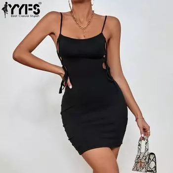 YYFS женские модные летние весенние однотонные подтяжки без рукавов с принтом, сексуальные коктейльные и вечерние платья S чёрный